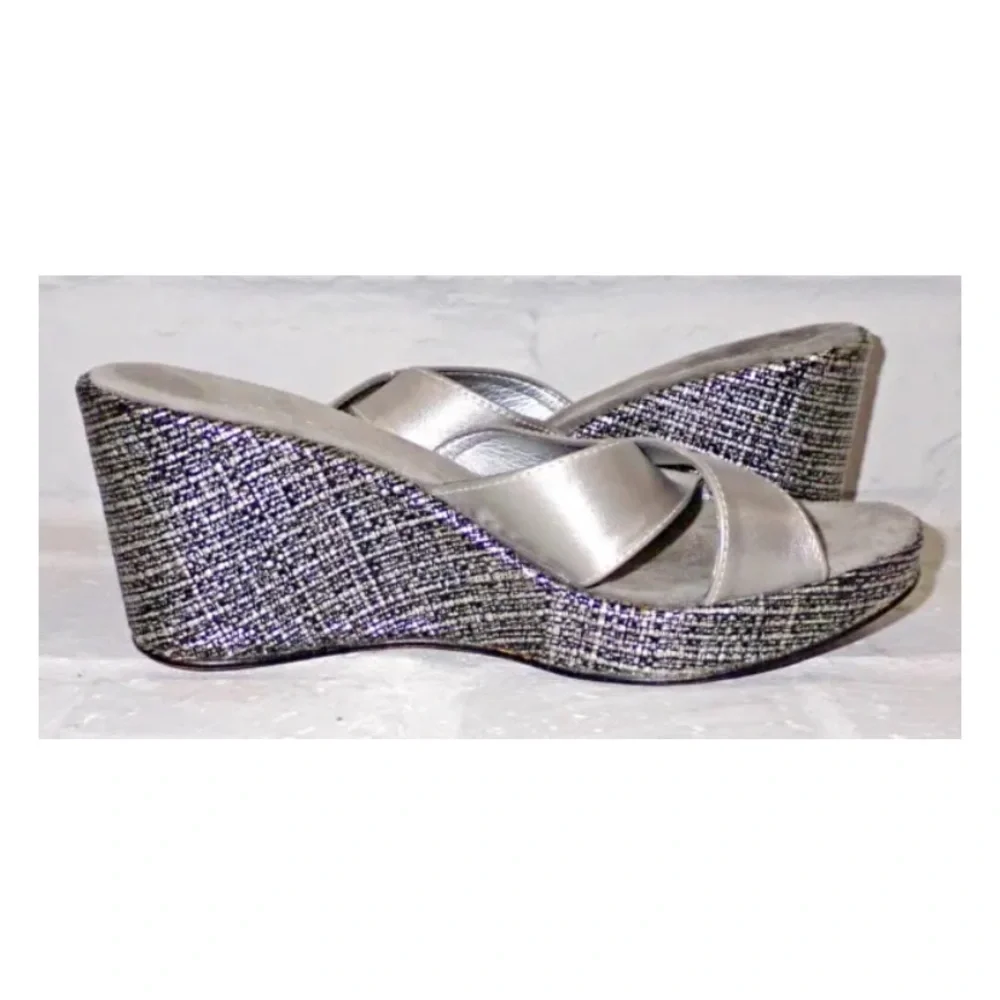 Mila Paoli Wedge Italian Leather Slip On Sandals Gray Womens Size 7.5